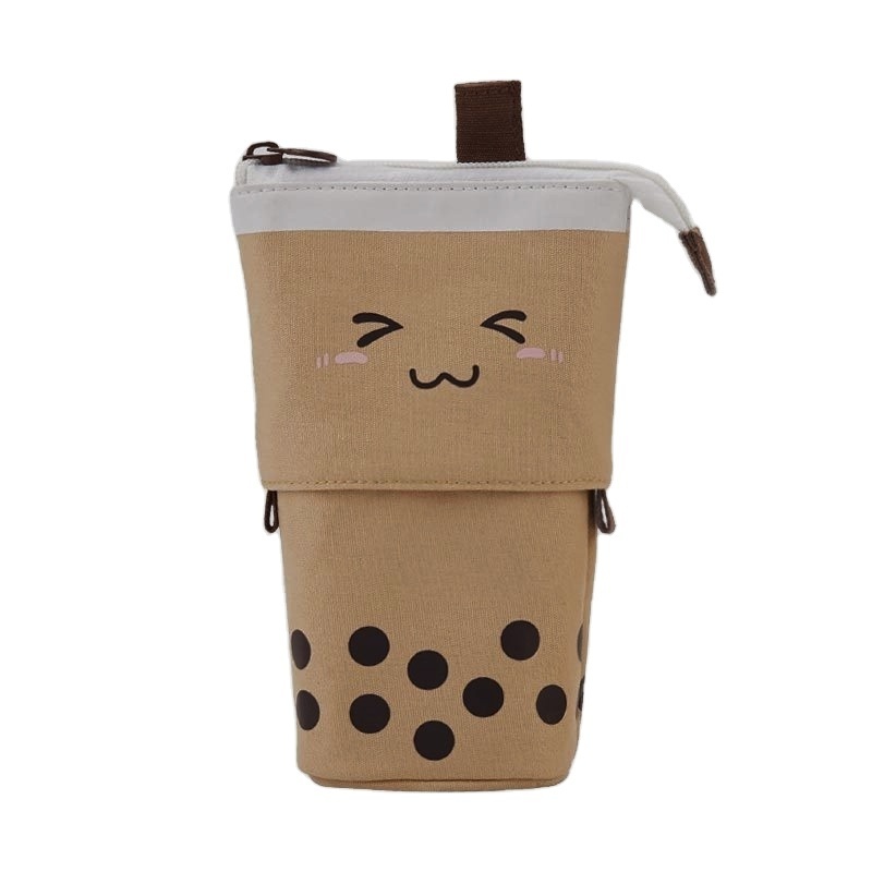 wholesale Creative cute milk tea drop-down pen bag, stand-up retractable round cute cartoon pen holder storage