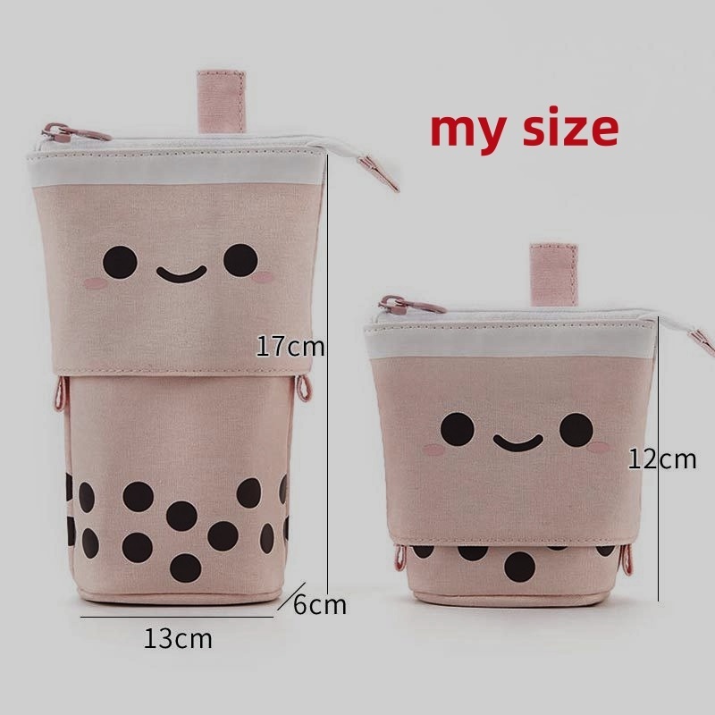 wholesale Creative cute milk tea drop-down pen bag, stand-up retractable round cute cartoon pen holder storage