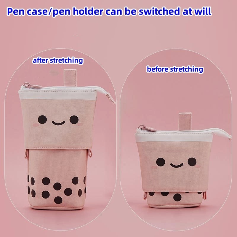 wholesale Creative cute milk tea drop-down pen bag, stand-up retractable round cute cartoon pen holder storage