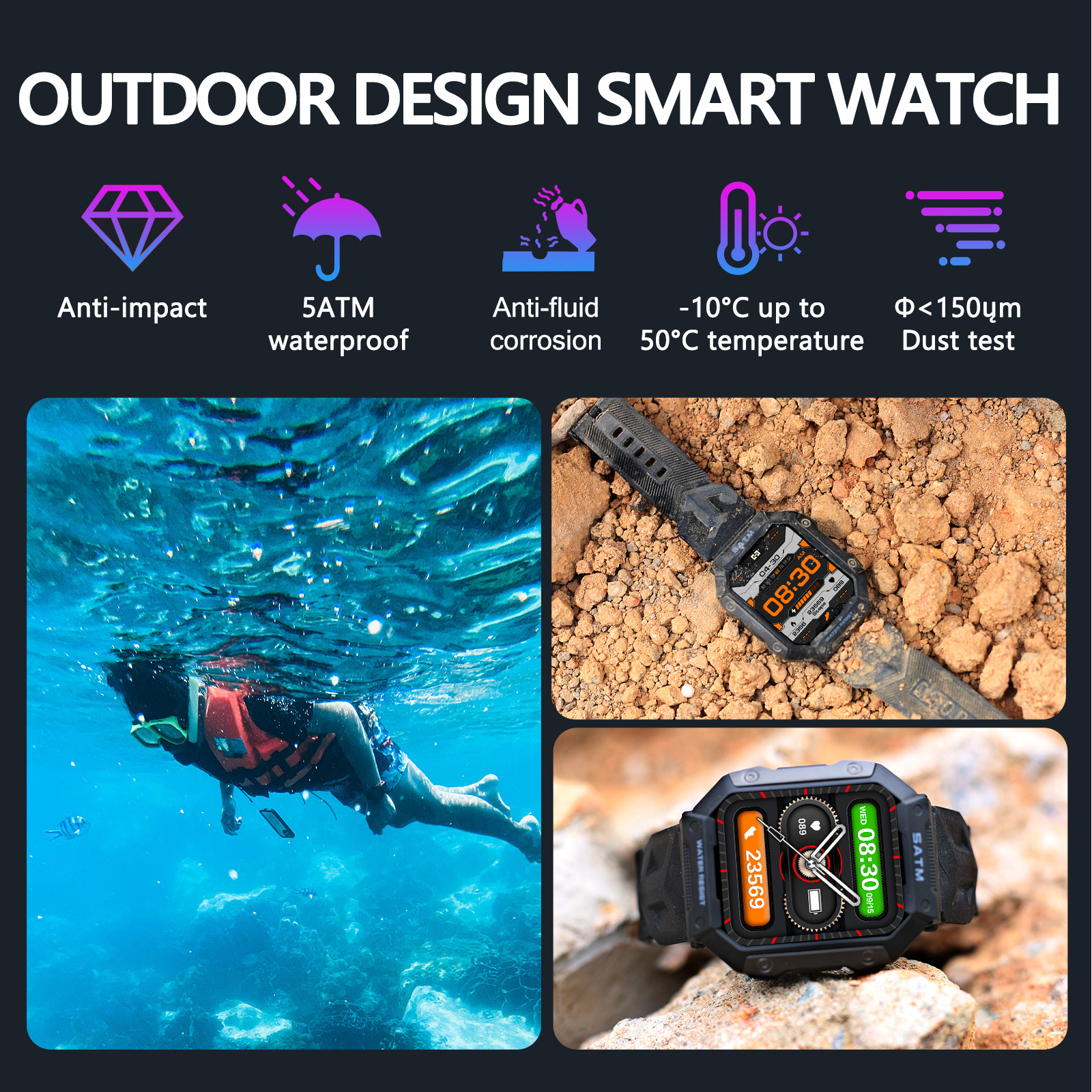 hight quality 3 atm water resistant proof watch ip68 waterproof smart watch for men women 5 atm