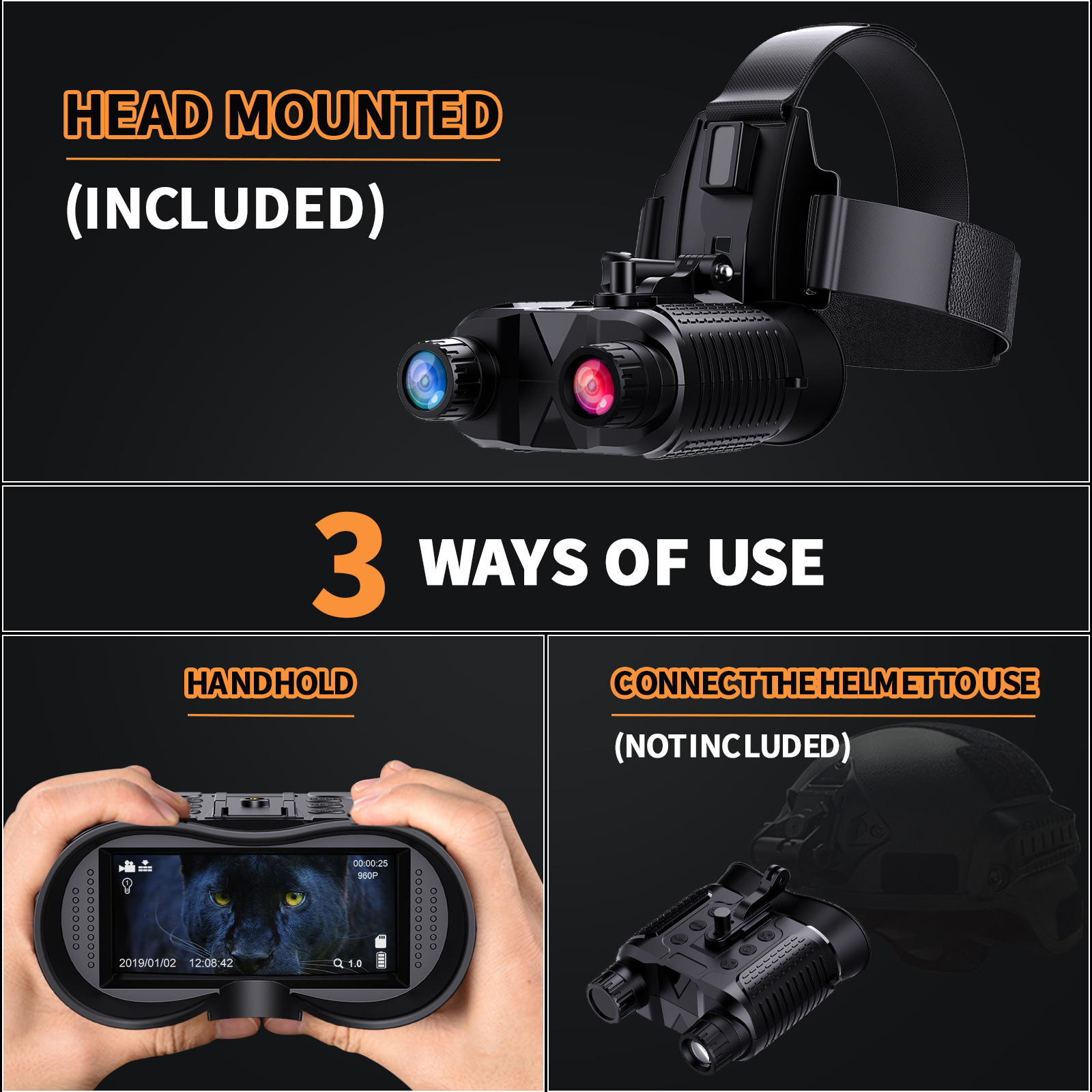 Night Vision Glasses with Head Strap Rechargeable Infrared Binoculars with Head Stand Adapter