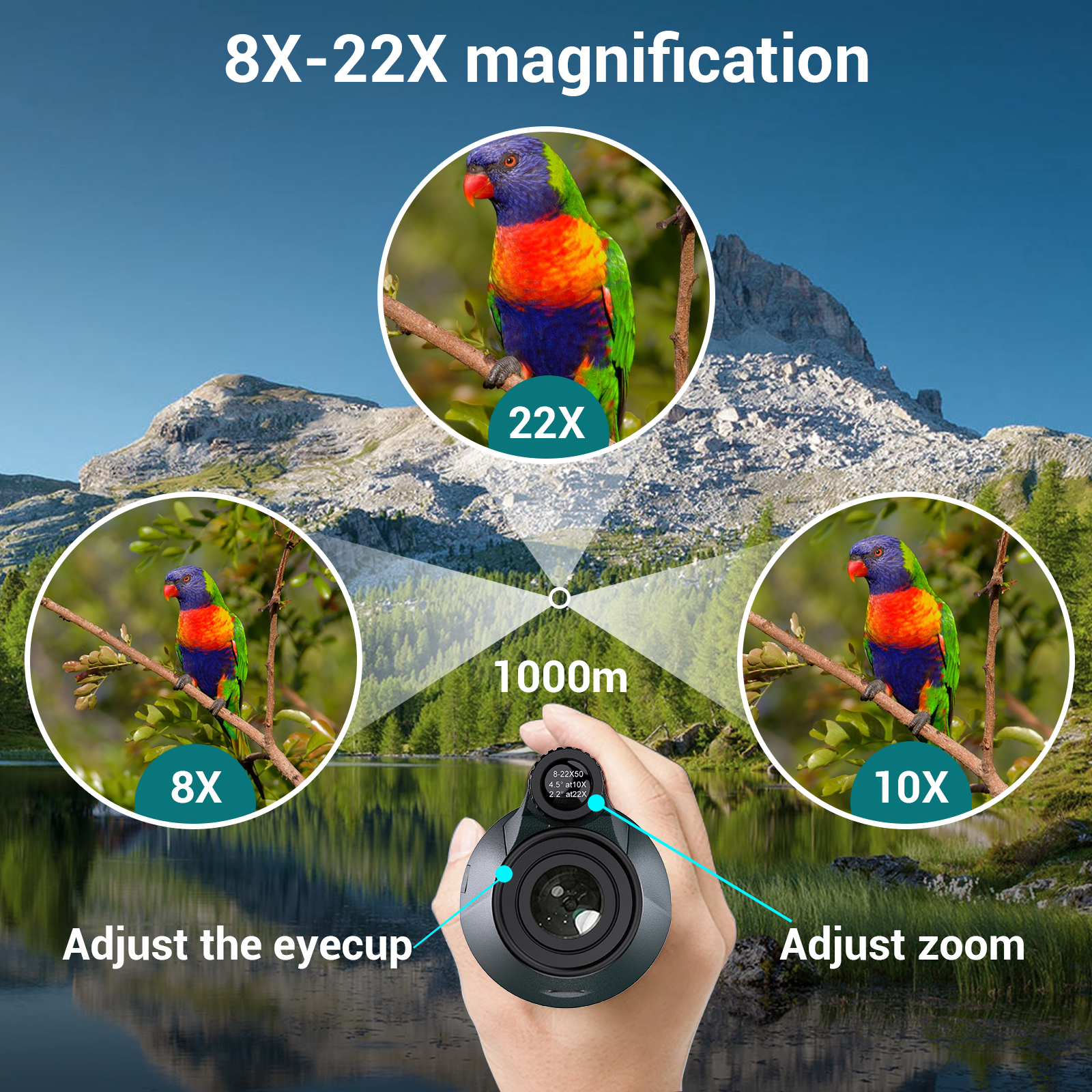 Optics Lens 8X-22X Zoom HD Monocular Telescope Waterproof for Traveling Hunting Camping With Smartphone Holder & Tripod