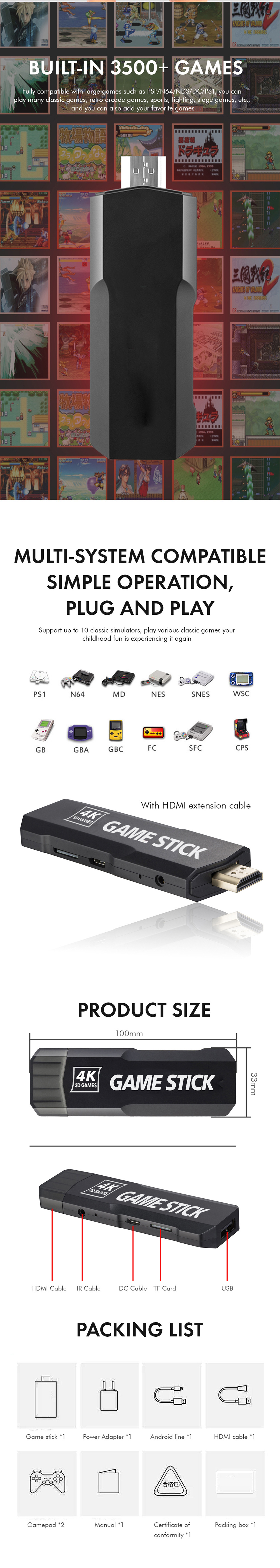 New design Game Stick 4K HD TV Video Game Dongle Double 2.4G Wireless Gamepad Controller 3D mini  computer stick