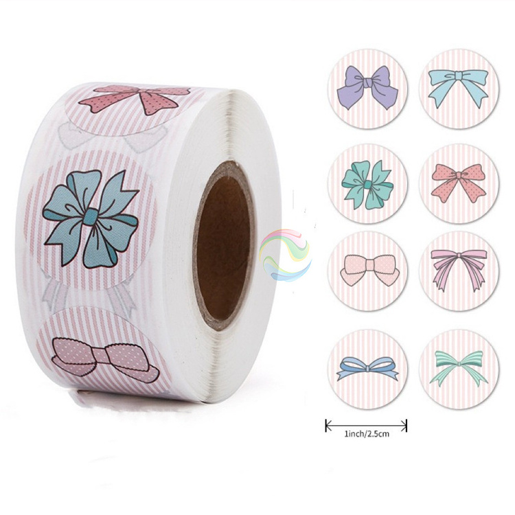 New Style Small Round Bow Tie Paper Kids Stickers Labels Roll for Gift for School