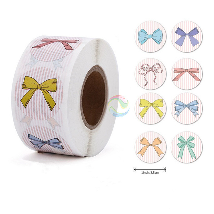 New Style Small Round Bow Tie Paper Kids Stickers Labels Roll for Gift for School