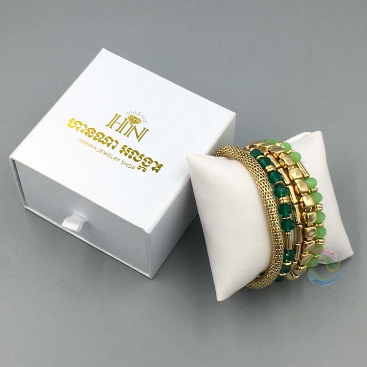 Luxury White Custom Gold LOGO Gift Bangle Beads Bracelet Jewellery Box Packaging