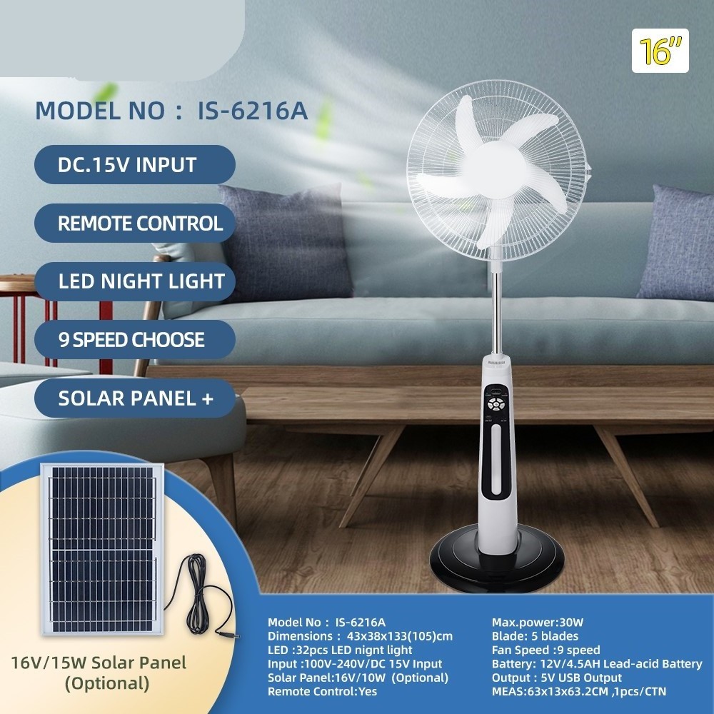 16/18 INCH RECHARGEABLE SOLAR STAND FAN WITH POWER BANK AND LIGHTING