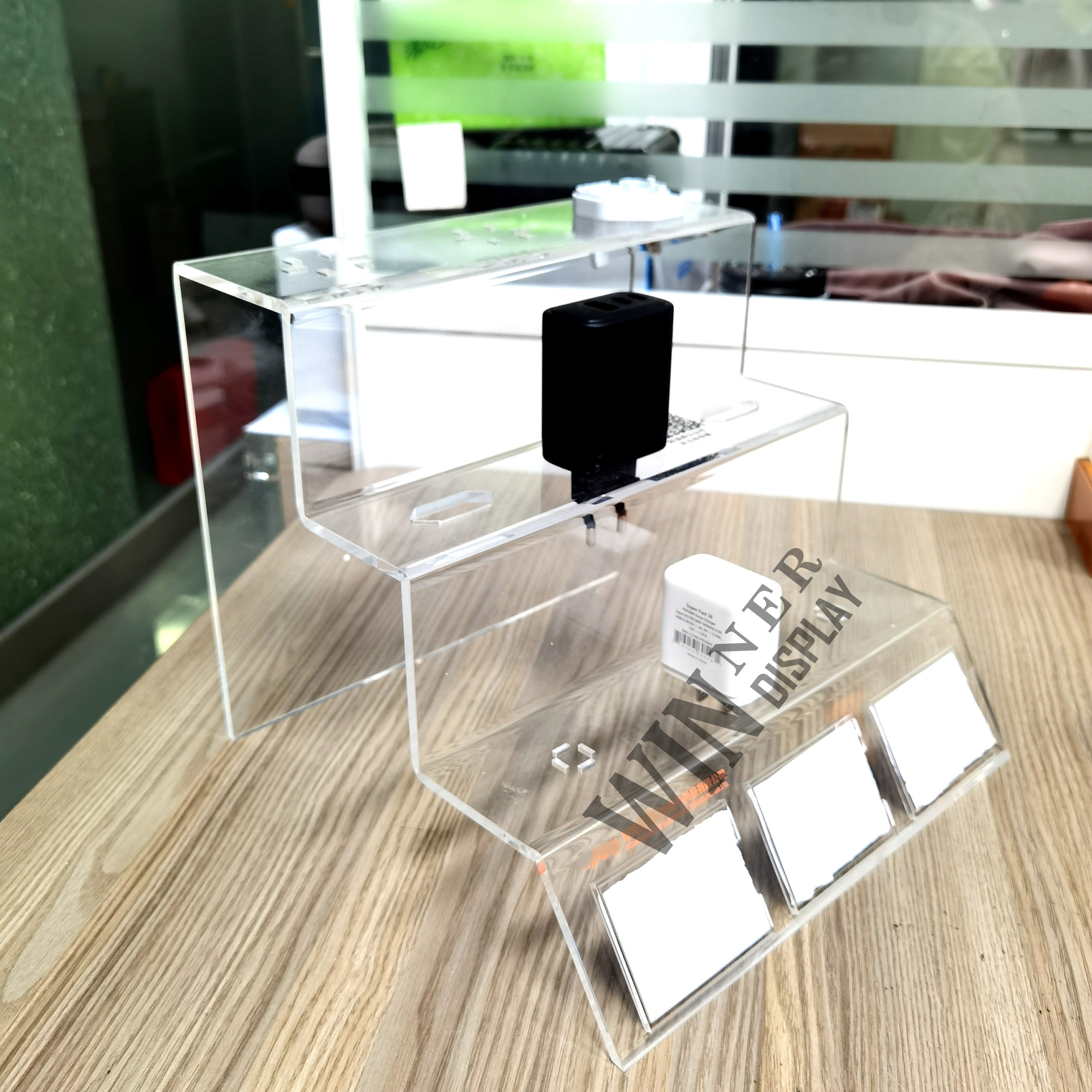 wholesale optical mobile accessories store stand racks 3 tier perspex display acrylic display risers for cellphone chargers