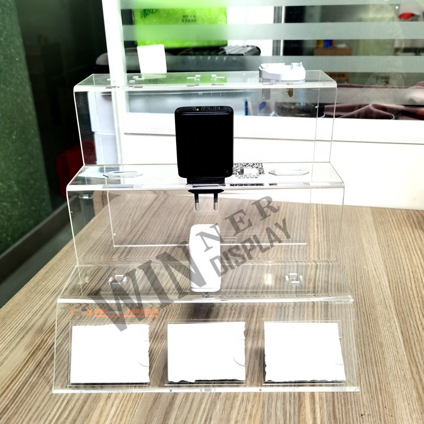 wholesale optical mobile accessories store stand racks 3 tier perspex display acrylic display risers for cellphone chargers