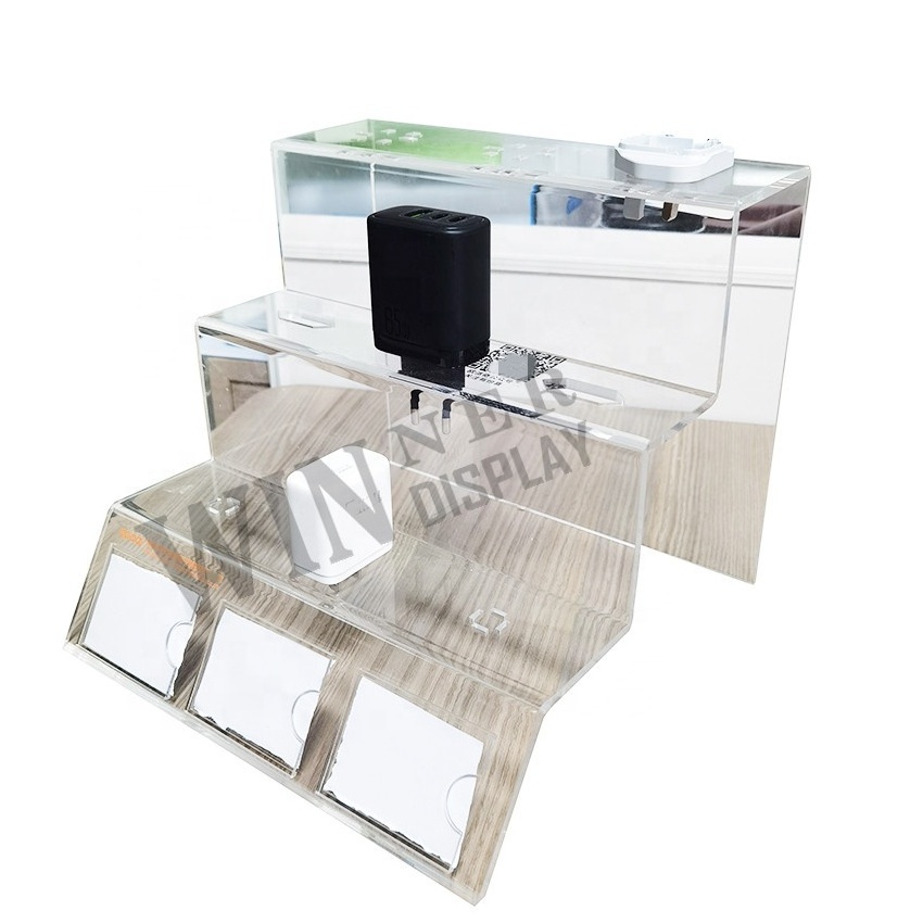 wholesale optical mobile accessories store stand racks 3 tier perspex display acrylic display risers for cellphone chargers