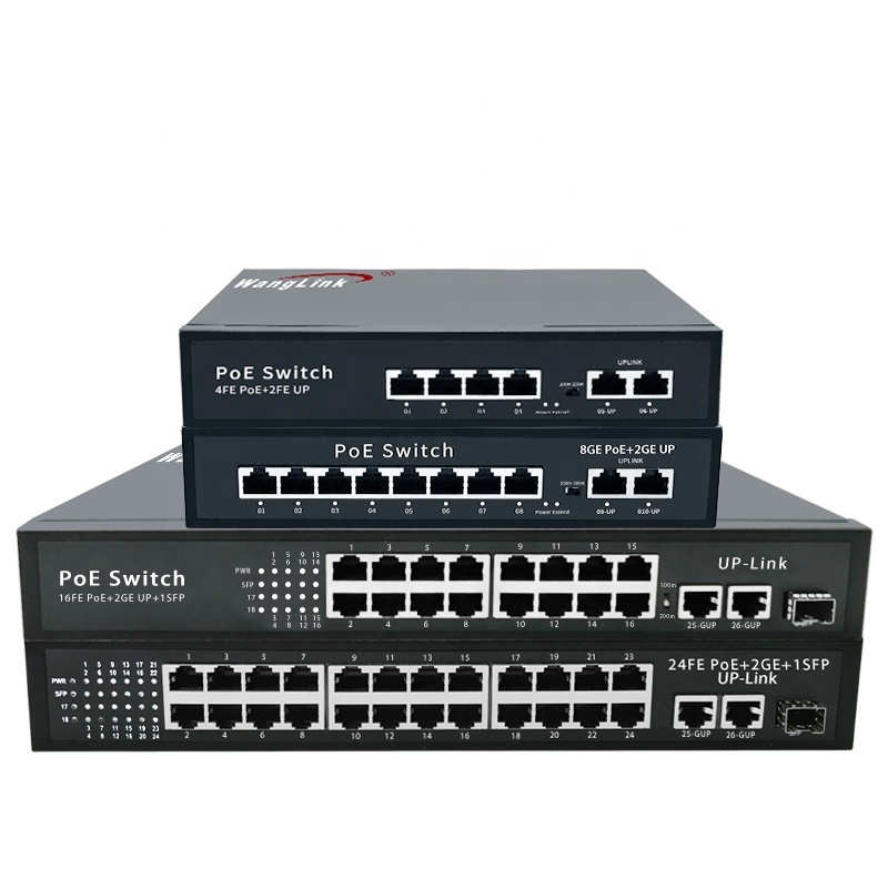 Wanglink OEM/ODM 4 8 16 24 Port CCTV 10/100/1000M PoE Switch for Hikvision IP Camera IEEE802.3af/at