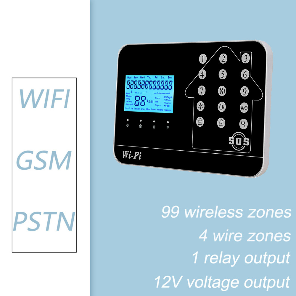 Factory supply GSM WIFI Tuya smart home security alarm system with big LCD screen show and 110dB siren 99CST