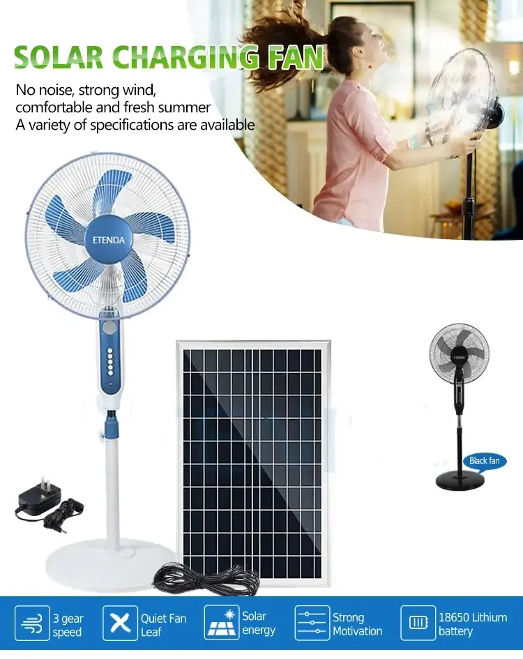 Solar Charging fan 16/18 inch ac/dc stand fan 12V rechargeable remote control and led light solar fan