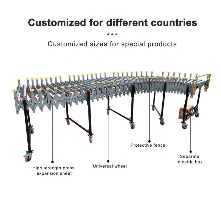 Flexible Power And Free Retractable Mobile Flexible Telescopic Length Roller Conveyor Stainless Steel Roller Machine