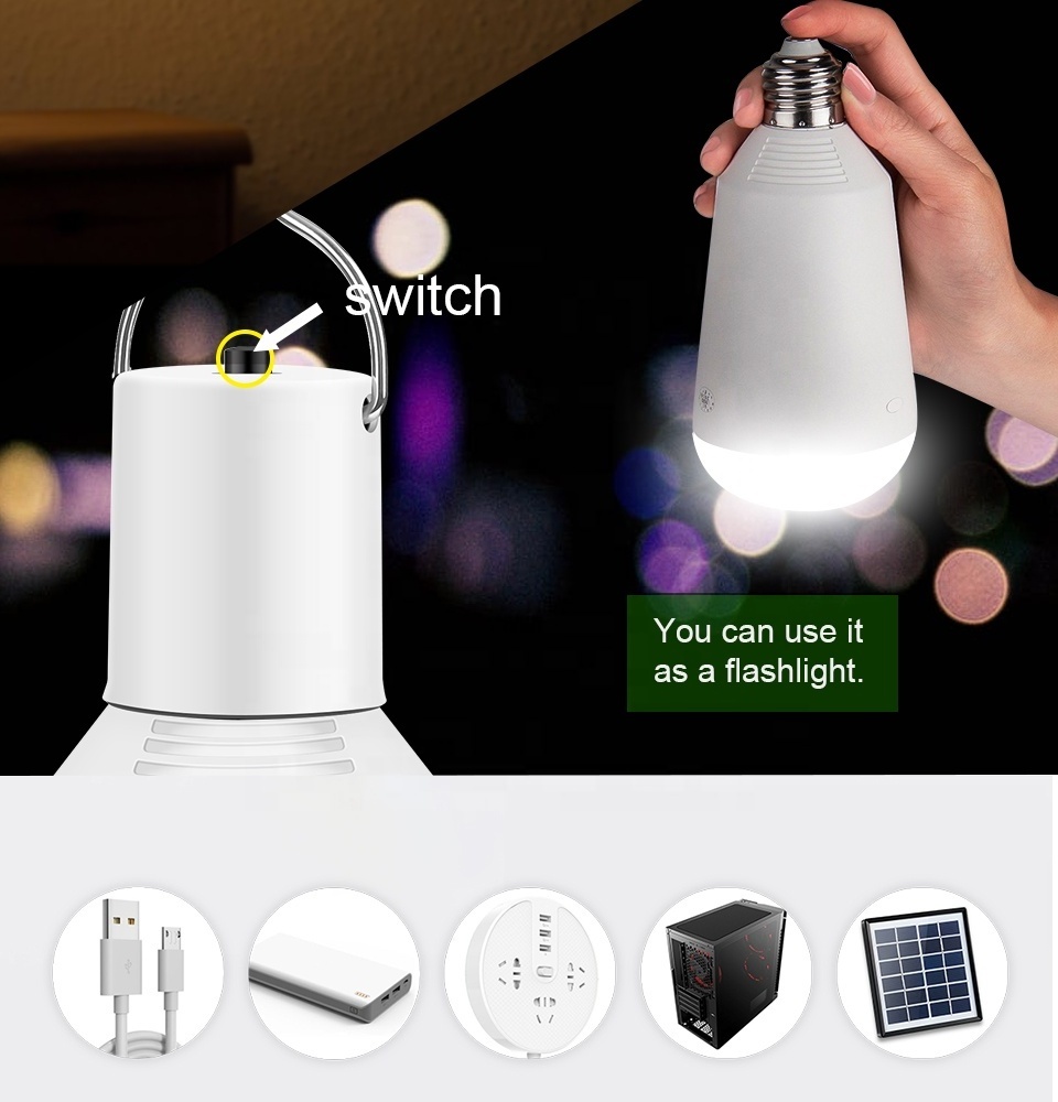 Solar rechargeable emergency 2600 mAh battery operated LED light bulb