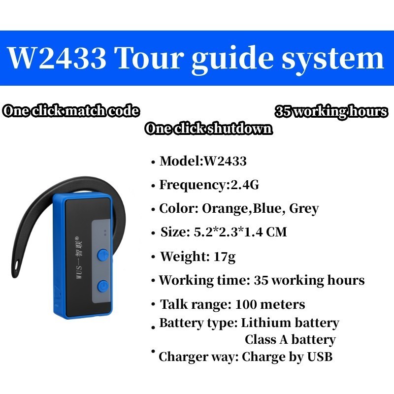 Long distance 200m wireless tour guide system walkie talkie, hanging neck type radio, 999 channels, 2.4GHz, Teaching Training