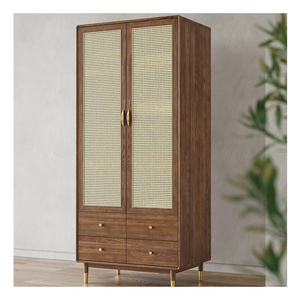 Hot Sale Japanese Style Modern Household Apartment Hotel Furniture Cabinet Storage Rattan Glass Door Bedroom Wooden Wardrobe