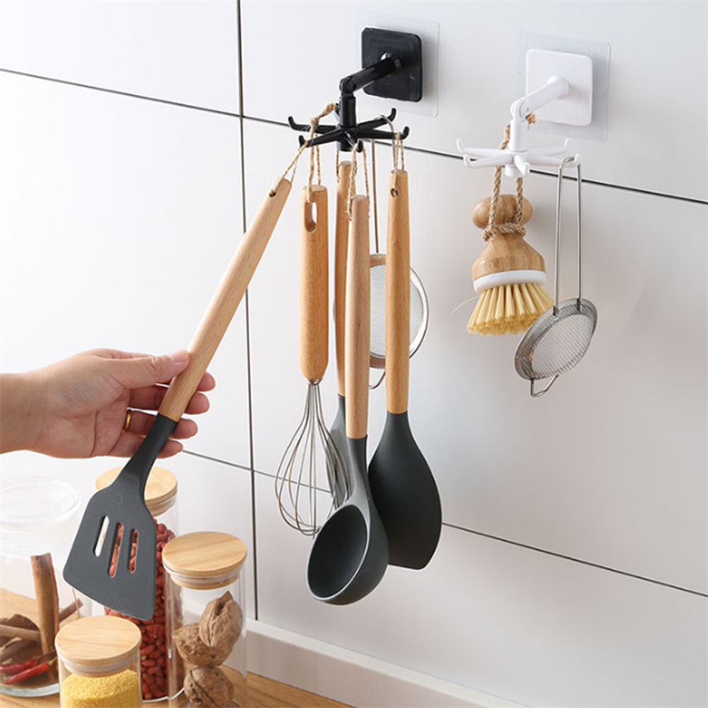 Sticky Kitchen Hook, With 6 Hook Folding Plastic Swivel Snap Adhesive Wall Hook//