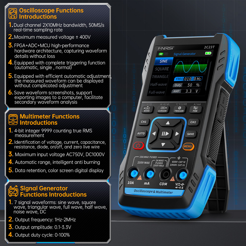 FNIRSI 2C23T 3 in 1 Multifunctional Machine, Dual channel 10Mhz Handle Digital Oscilloscope + Multimeter + Signal Generator