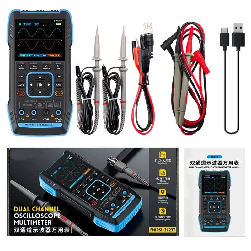 FNIRSI 2C23T 3 in 1 Multifunctional Machine, Dual channel 10Mhz Handle Digital Oscilloscope + Multimeter + Signal Generator