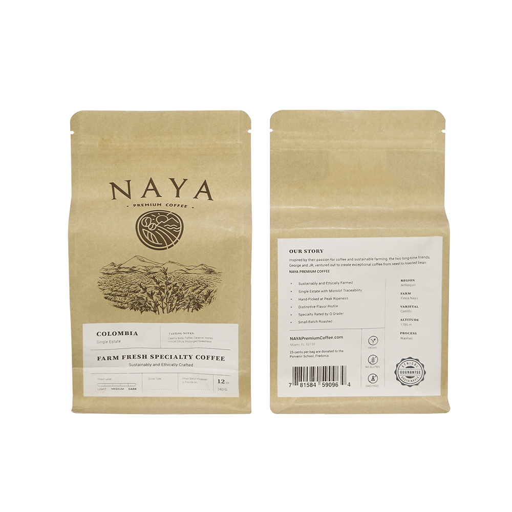 biodegradable Kraft Paper Stand Up Coffee Pouches with One Way Degassing Valve and Reusable Side Zipper Coffee Bags