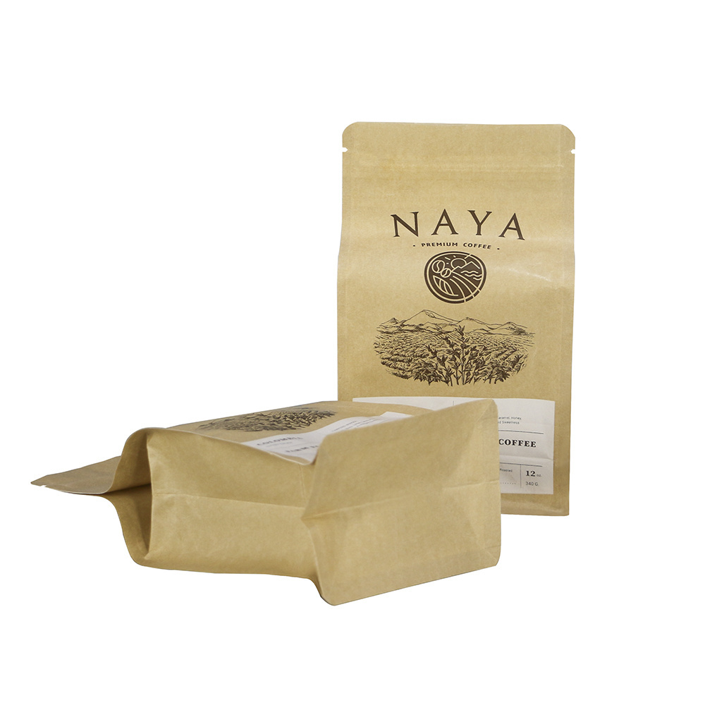 biodegradable Kraft Paper Stand Up Coffee Pouches with One Way Degassing Valve and Reusable Side Zipper Coffee Bags