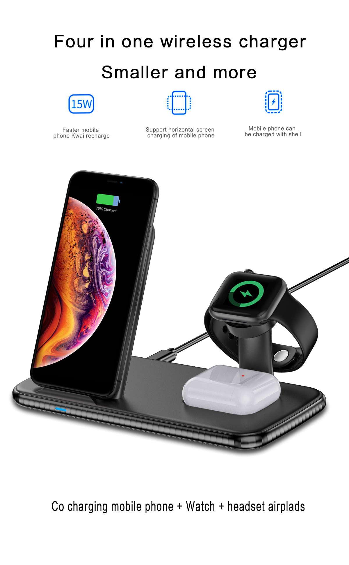 Portable Multifunction 15W Wireless Charger 3 In 1 Qi Phone Stand Fast Foldable Charging Wireless Station