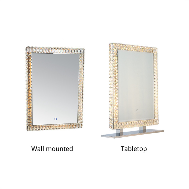 ILUMAY rectangle tabletop glass crushed diamond vanity mirror with 3 color lights