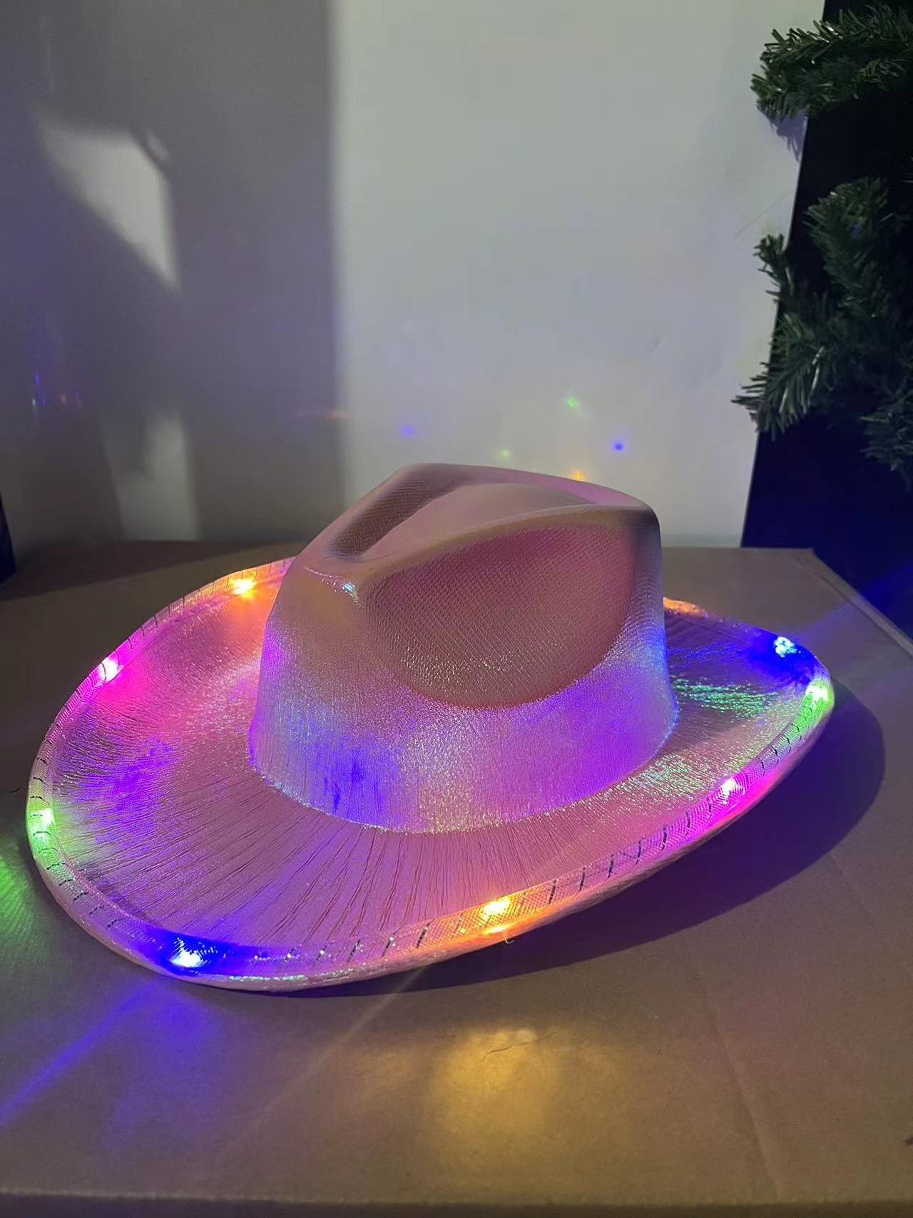 Neon Sparkly Glitter Space LED Sequin Light Up Cowboy Hat Disco Jazz Cowgirl Hat LED Mardi Gras Party Favors Novelties Costume