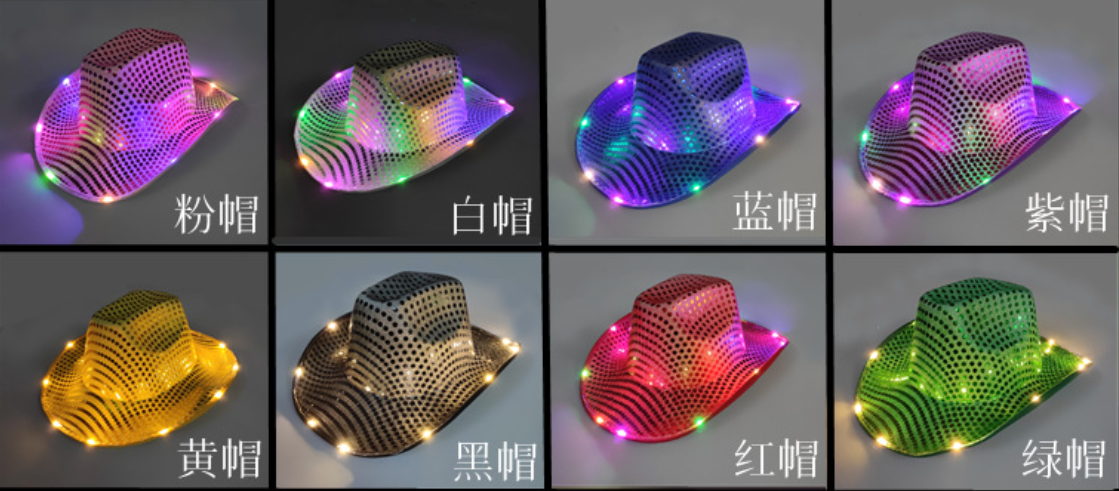 Neon Sparkly Glitter Space LED Sequin Light Up Cowboy Hat Disco Jazz Cowgirl Hat LED Mardi Gras Party Favors Novelties Costume