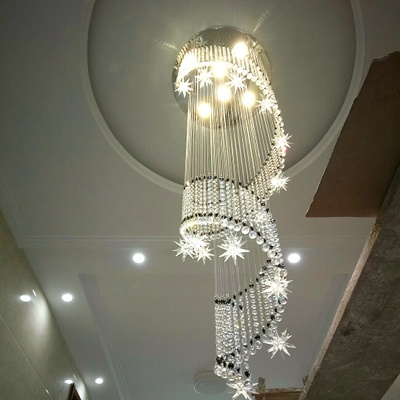 Custom large SS chrome ceiling luxury hanging pendant lights spiral staircase crystal chandelier light