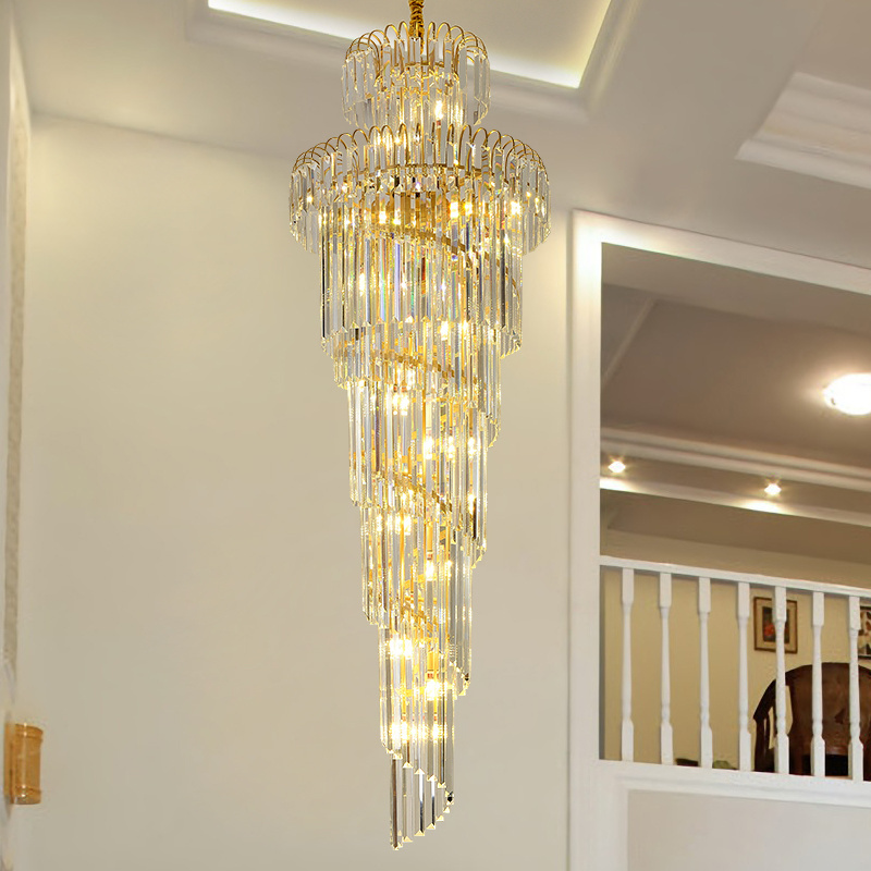 Luxury Big Hotel Staircase Ceiling Gold Crystal Chandeliers Pendant Lights