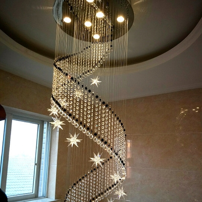 Custom large SS chrome ceiling luxury hanging pendant lights spiral staircase crystal chandelier light