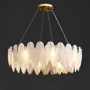 Wholesale luxury gold color ceiling hanging decorative glass feather chandelier light fixture