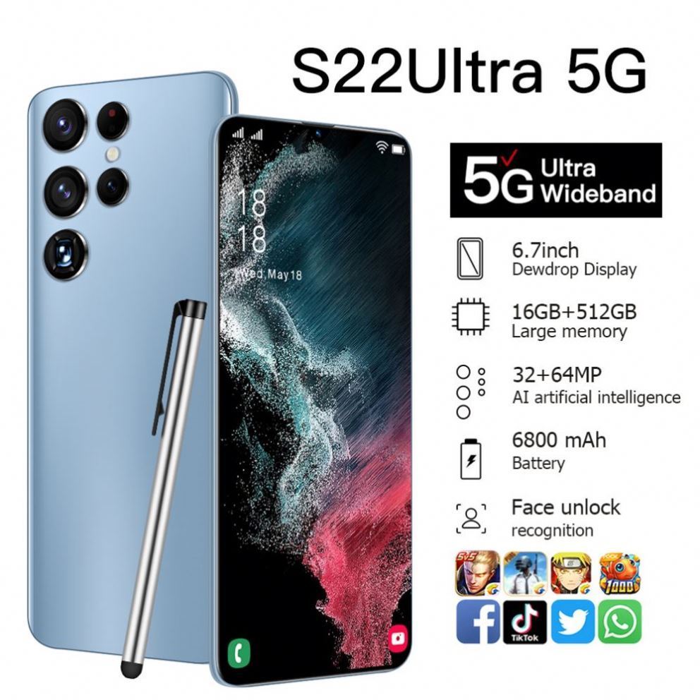 S22 Ultra Original 6.1 inch Screen Android phone 8GB+256GB Wifi camera GPS 3 sim card 4G 5G mobile phones