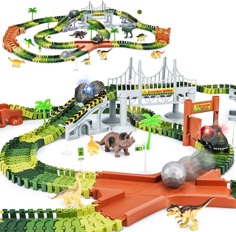 Diy Bending Flexible Railways Dinosaur Toy Set Race Track With Electric Car Race Track  Assemble Dinosaur Rail Car