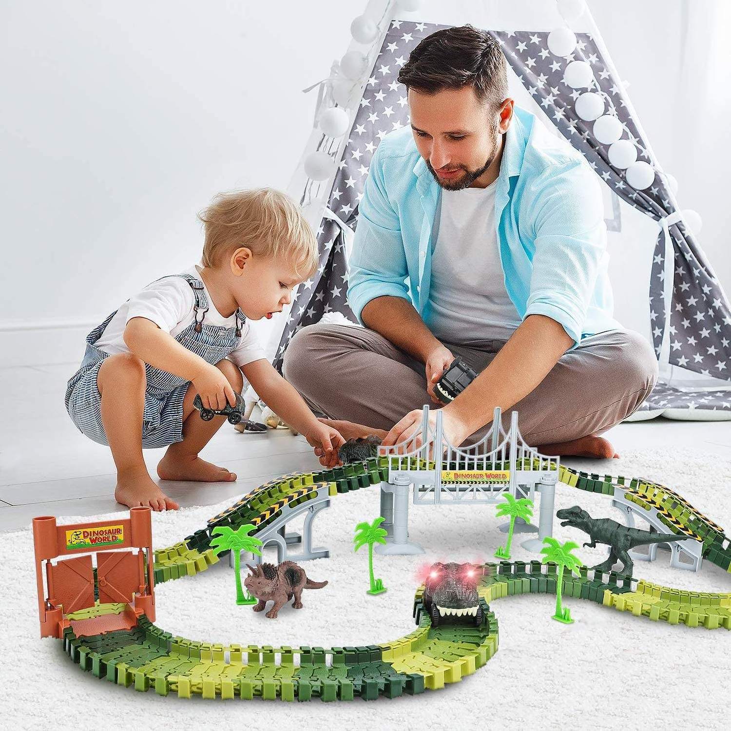 Diy Bending Flexible Railways Dinosaur Toy Set Race Track With Electric Car Race Track  Assemble Dinosaur Rail Car