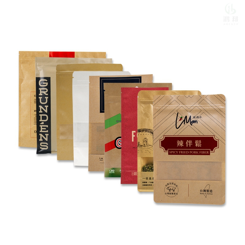 Factory wholesale food packaging doypack stand up pouch plain brown kraft paper bag with clear window and zip lock for tea snack