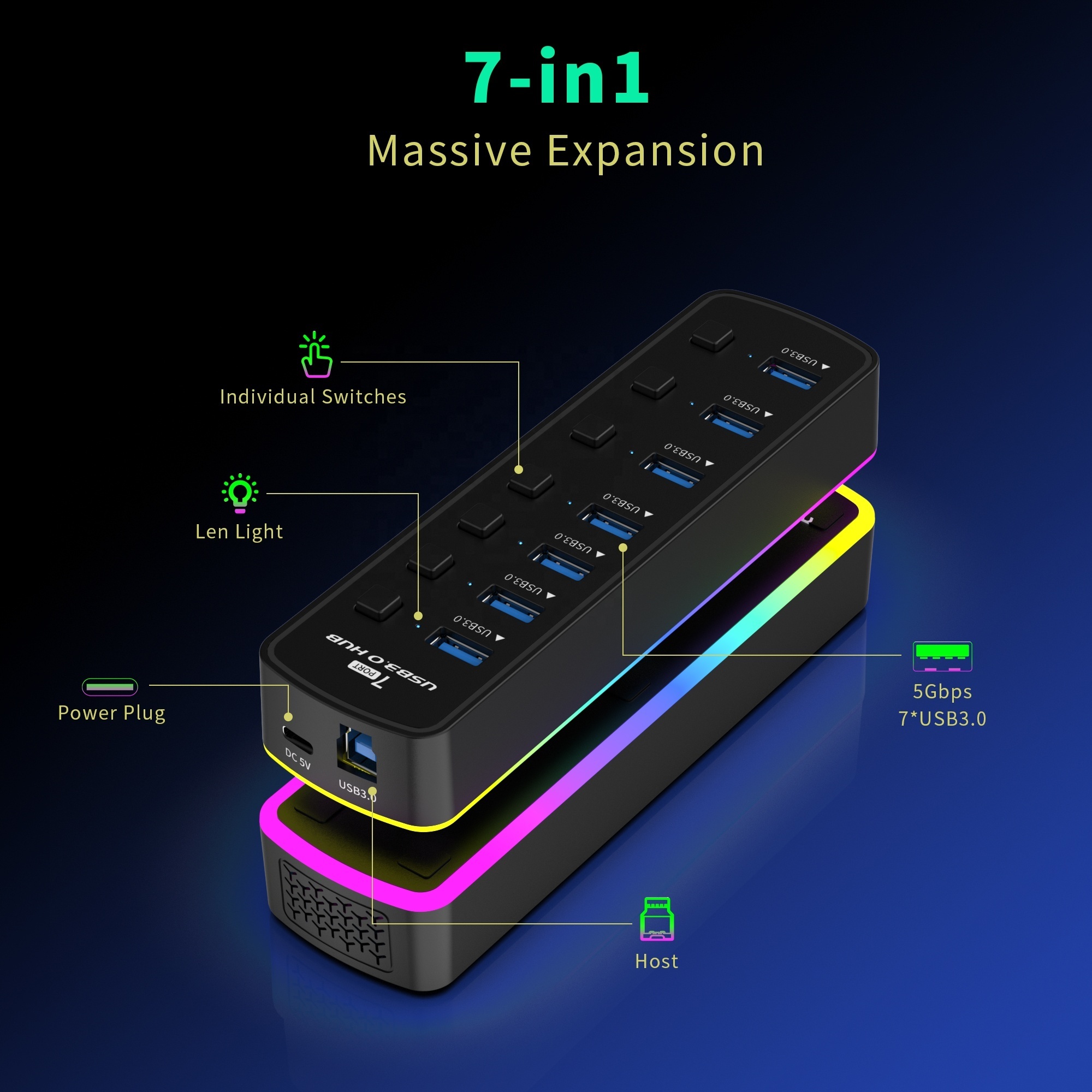 USB3.07 port docking usb3.0 one tow 7-port 7-hub with on-off breathing light for computer mouse and keyboard  HUB extender