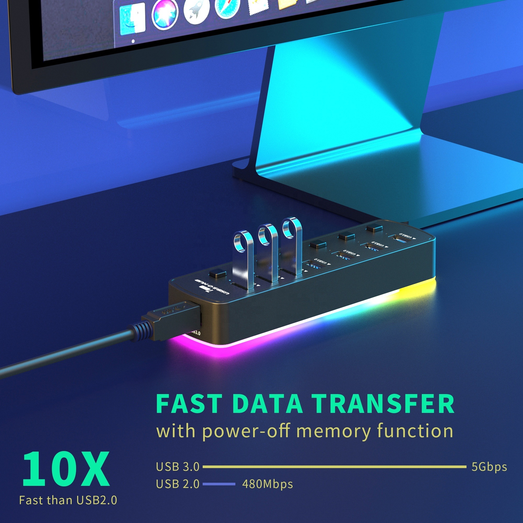 USB3.07 port docking usb3.0 one tow 7-port 7-hub with on-off breathing light for computer mouse and keyboard  HUB extender