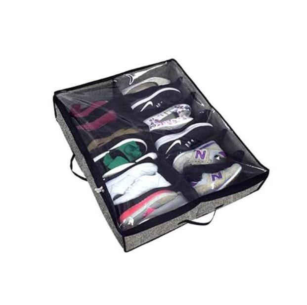 12 Pairs Underbed Shoe Container Solution Shoes Box Bins with Clear Lid Under Bed Fabric Shoe Organizer