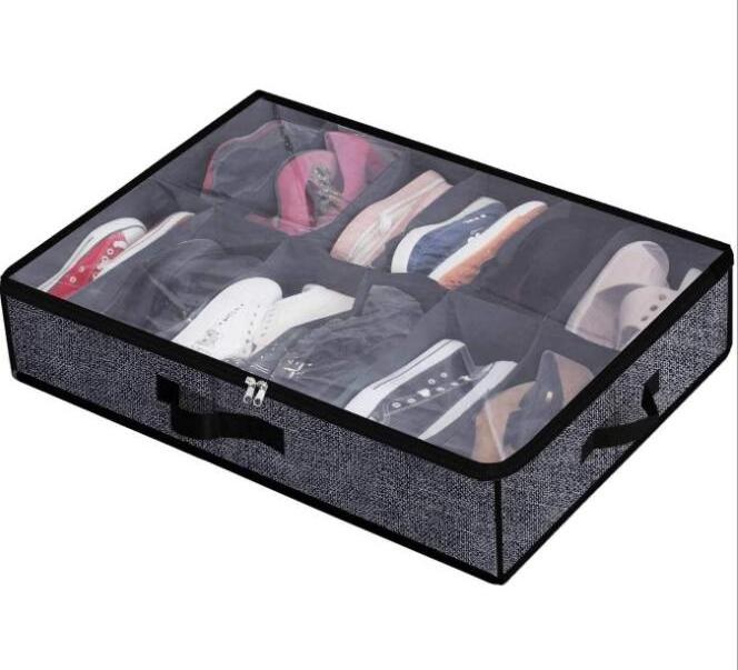 12 Pairs Underbed Shoe Container Solution Shoes Box Bins with Clear Lid Under Bed Fabric Shoe Organizer