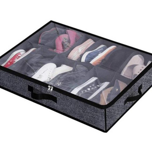 12 Pairs Underbed Shoe Container Solution Shoes Box Bins with Clear Lid Under Bed Fabric Shoe Organizer