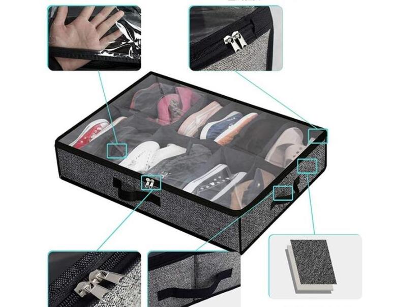 12 Pairs Underbed Shoe Container Solution Shoes Box Bins with Clear Lid Under Bed Fabric Shoe Organizer