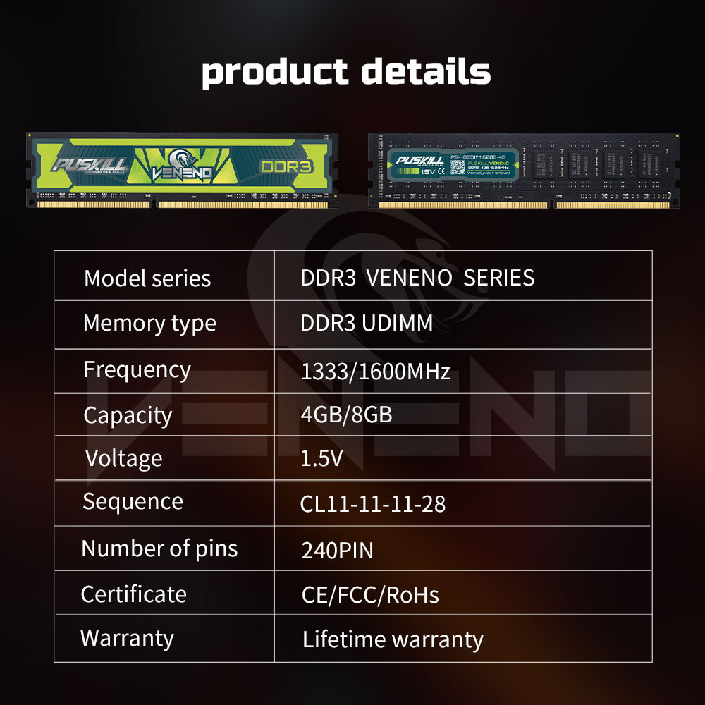 VENENO series DDR 3 Wholesale pc memory 4gb RAM DDR3 8gb 1600MHz 1333MHz 1.5V desktop memoria ram