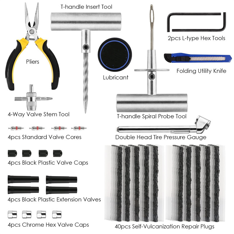 68 Piece Universal Tire Puncture Repair Fix Punctures Plug Flats Heavy Duty Flat Tire Repair Kit