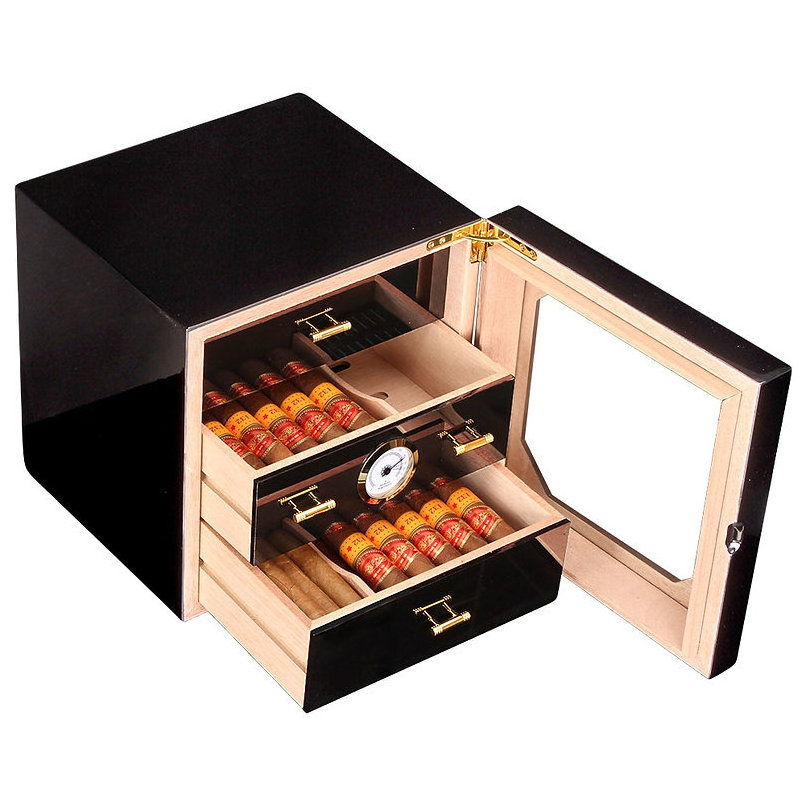 Handmade Cigar Humidor, Cedar Cigar Desktop Box with Humidifier and Hygrometer