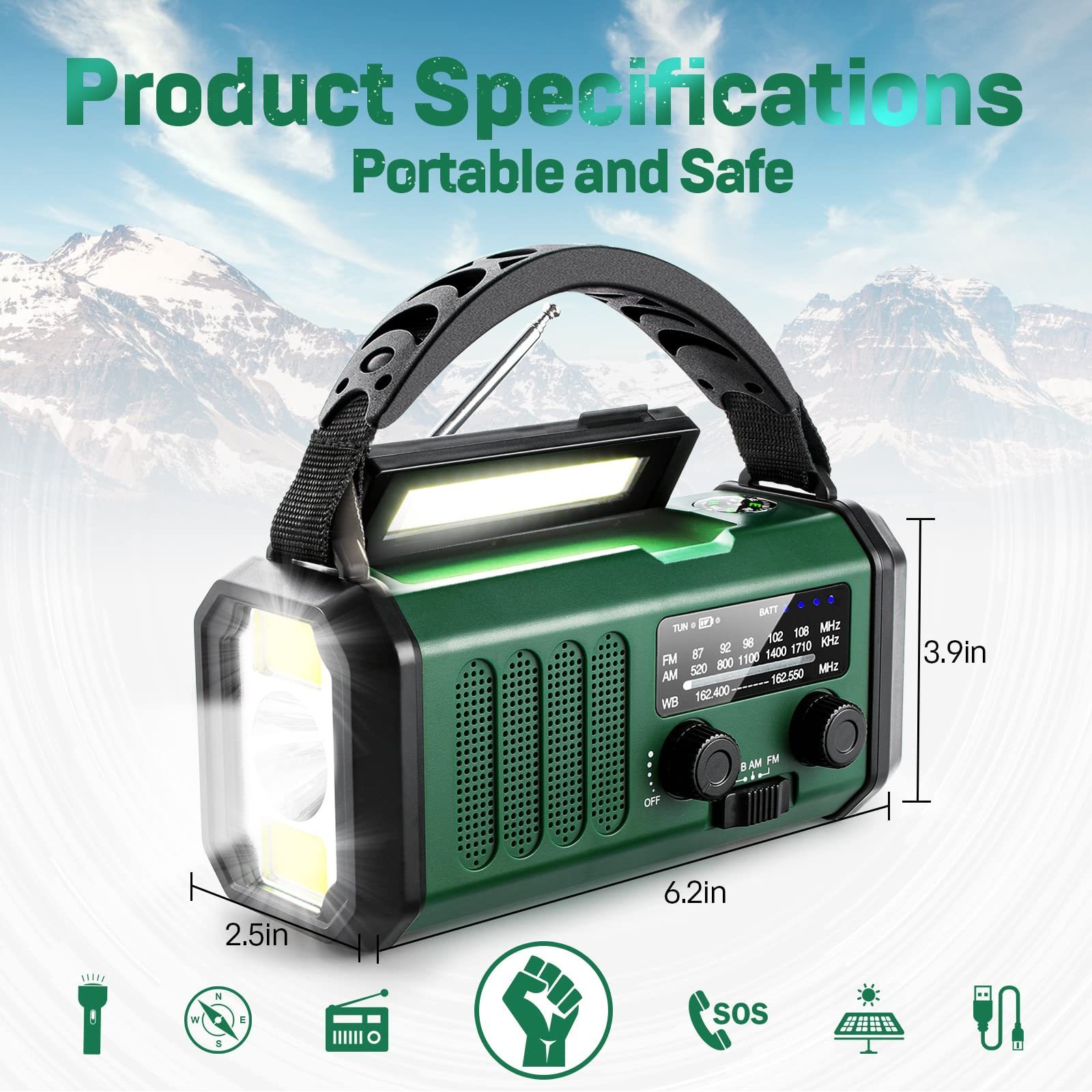 Outdoor Solar Rechargeable Emergency Hand Crank Powered radio with 10000mAh power bank