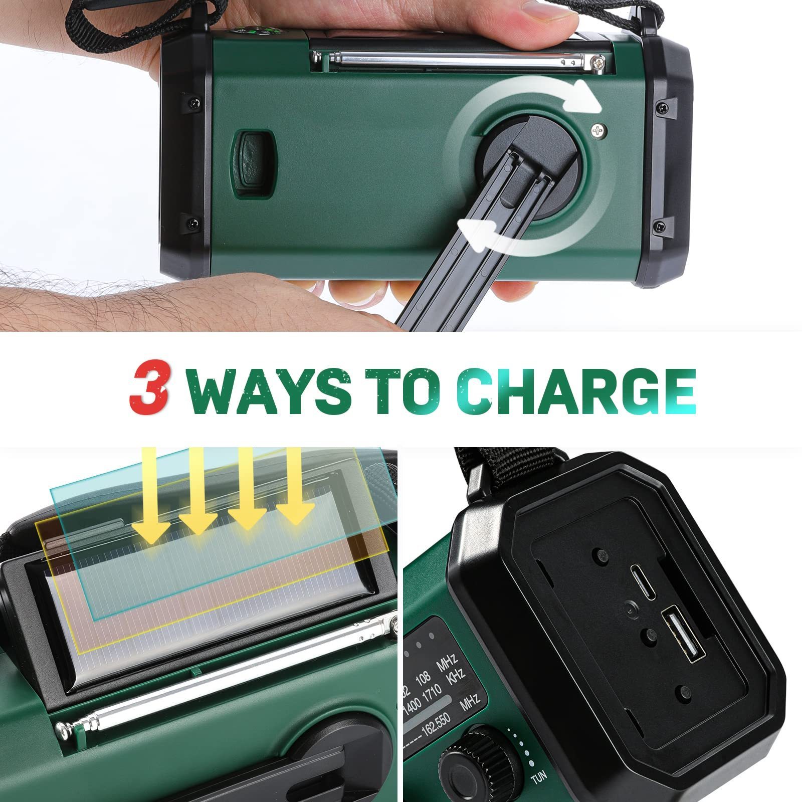 Outdoor Solar Rechargeable Emergency Hand Crank Powered radio with 10000mAh power bank