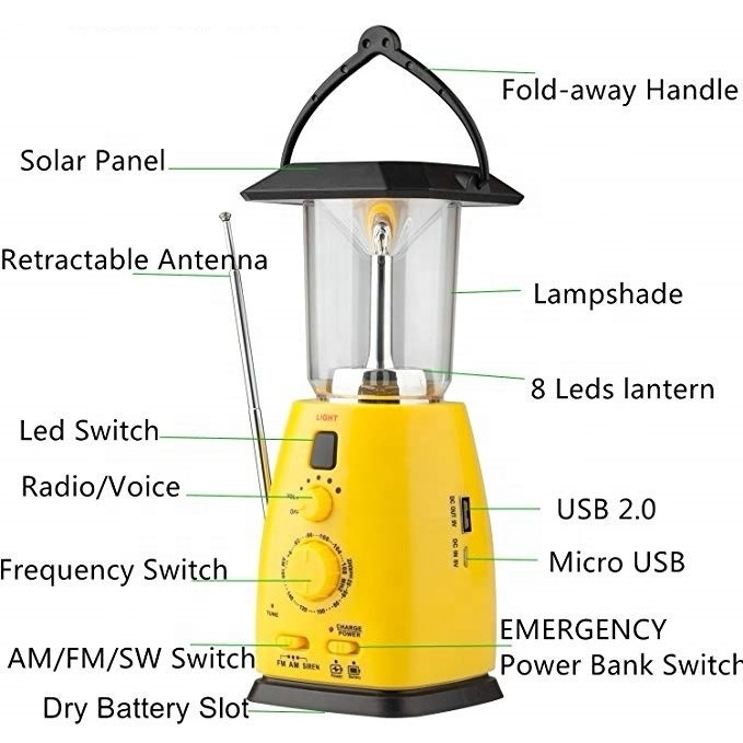 Solar panel Camping Lantern portable emergency radio  FM AM Outdoor Hanging Tent LED Lighting USB charger hand crank 3AA batarry